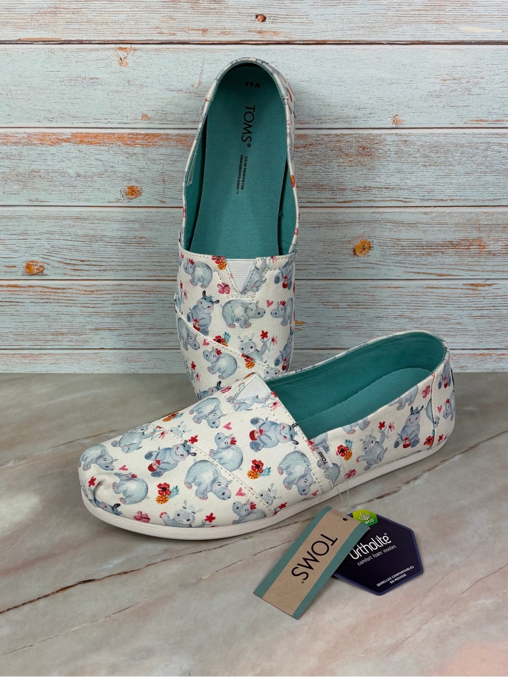 NEW Toms Slip-On Flats White with Whimsical Blue Hippos